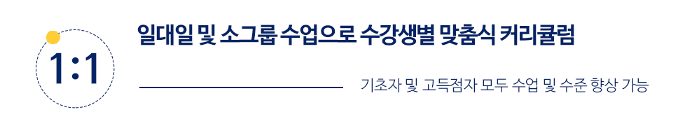 일대일 및 소그룹 수업으로 수강생별 맞춤식 커리큘럼. 기초자 및 고득점자 모두 수업 및 수준 향상 가능