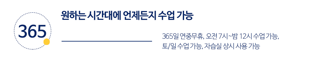 원하는 시간대에 언제든지 수업 가능. 365일 연중무휴, 오전 7시~밤 12시 수업 가능, 토/일 수업 가능, 자습실 상시 사용 가능